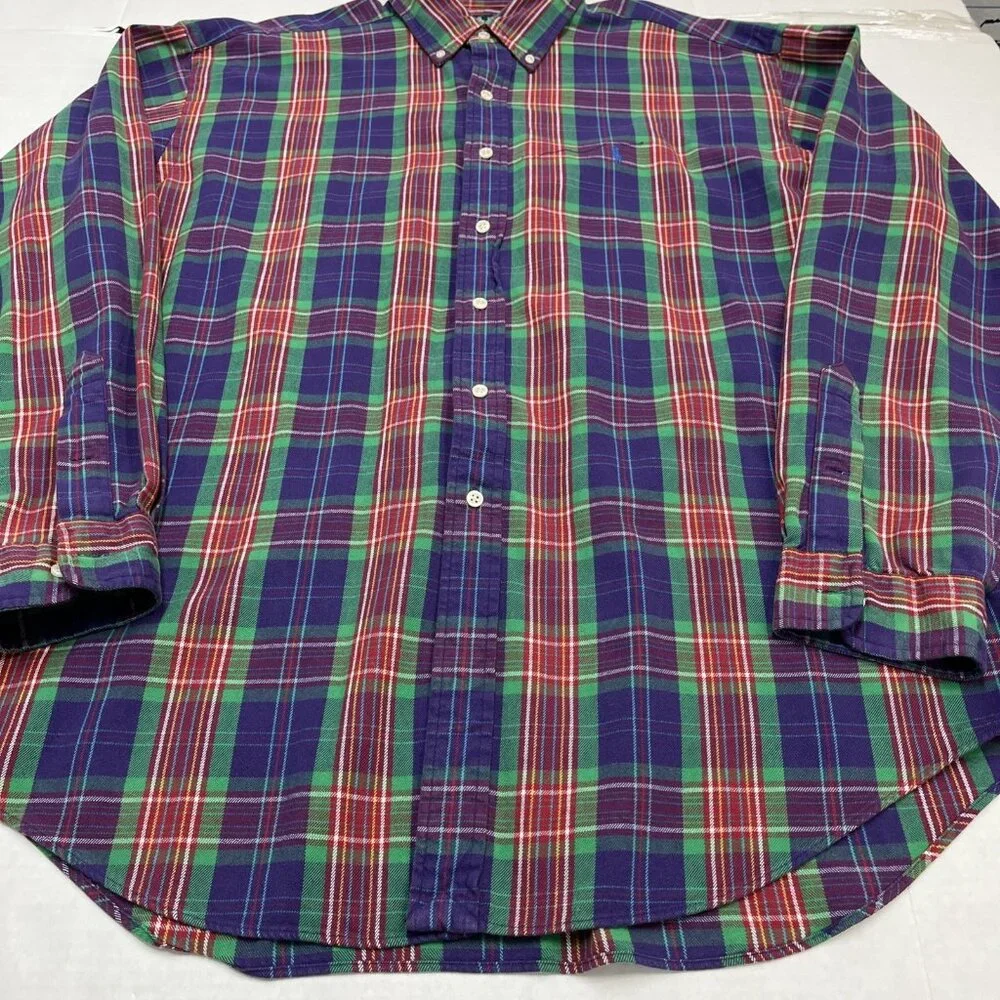 Polo Ralph Lauren Shirt Men XL Purple Green Plaid Button Down Shirt Logo‎ Preppy